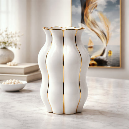 Gold-Trim Sculpted Ceramic Vase