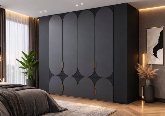 Elegant black wardrobe with brass accents