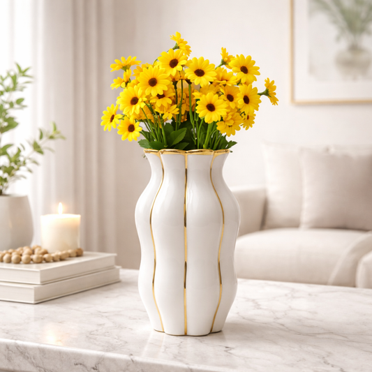 Gold-Trim Sculpted Ceramic Vase